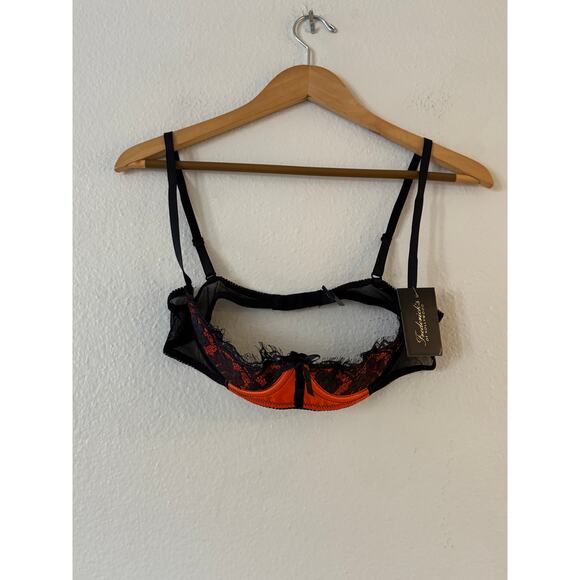 NEW Fredericks of Hollywood Lux Satin Lace Open Cup Bra 16 Orange Black NWT - Picture 4 of 12